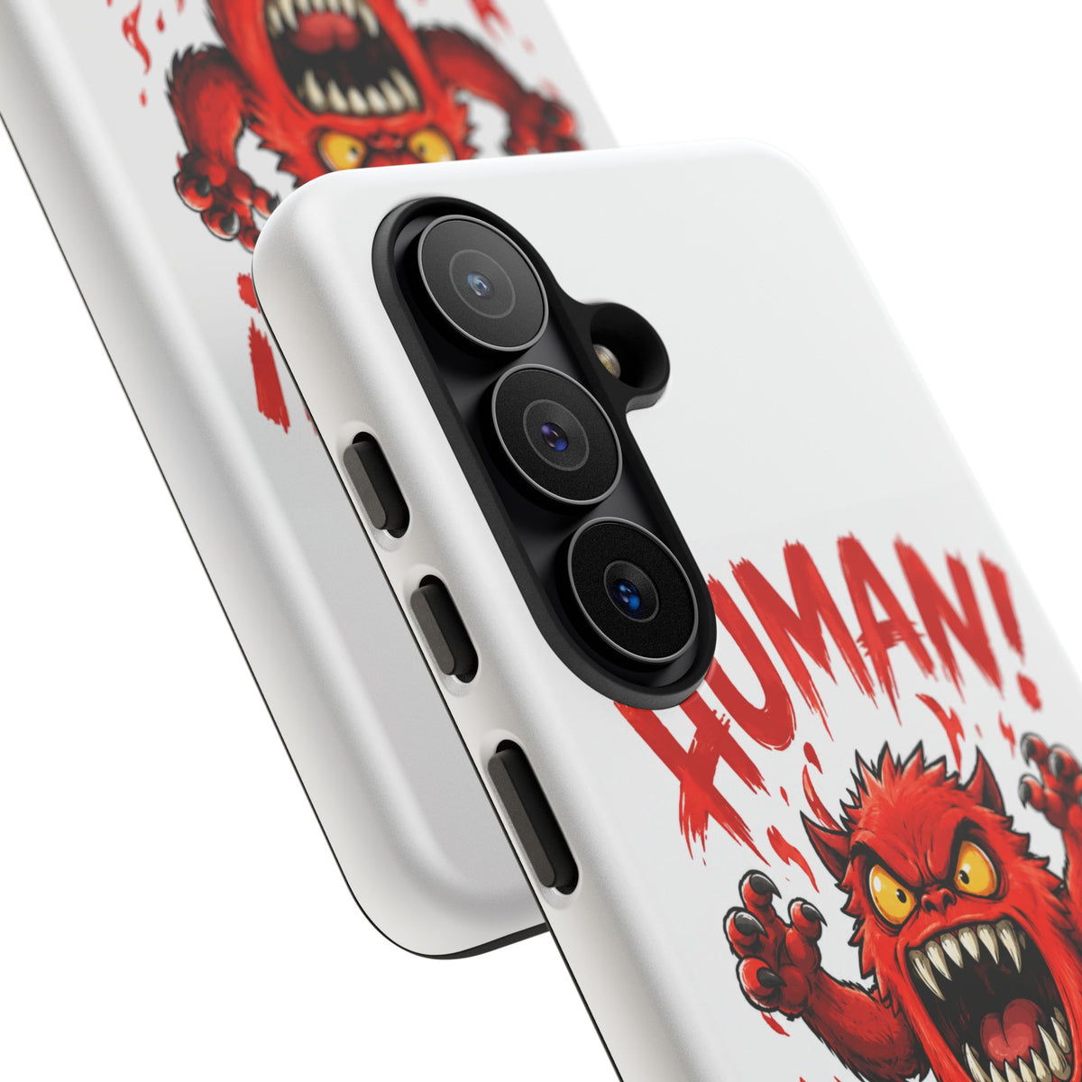 Angry Monster "HUMAN!" Phone Case — Cute Fiery Creature iPhone Cover