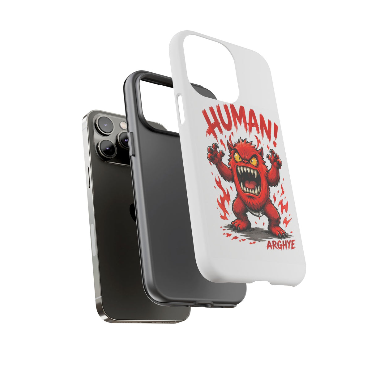 Angry Monster "HUMAN!" Phone Case — Cute Fiery Creature iPhone Cover