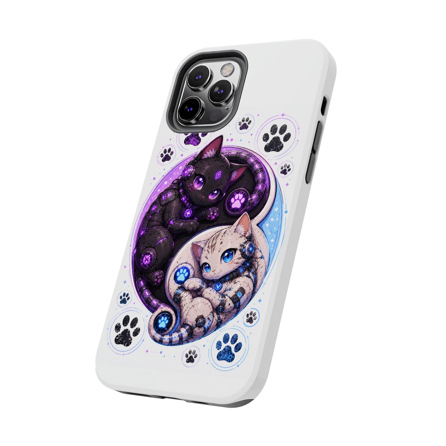 Cat Yin Yang Tough Phone Case — Black & White Kittens, Paw Print Protective Cover