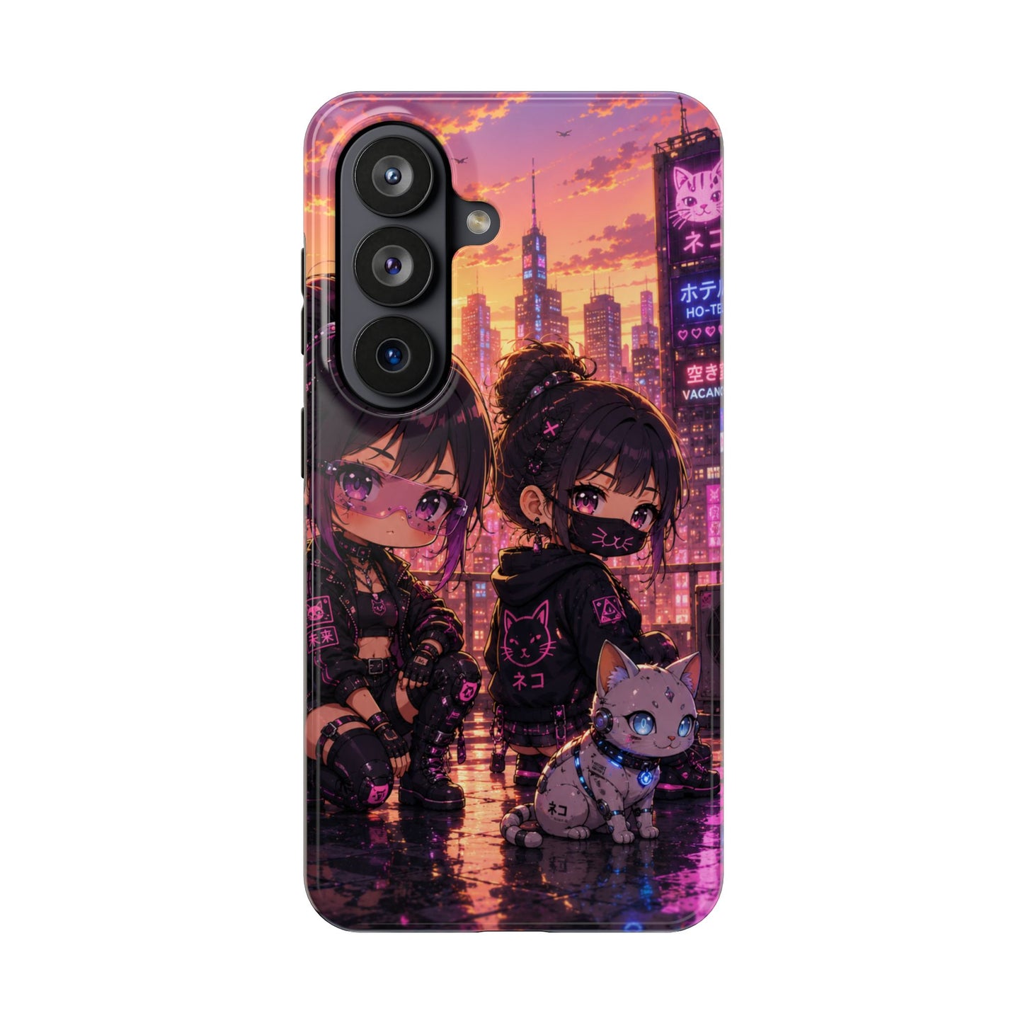 Anime City Night Tough Phone Case — Kawaii Cyberpunk Characters & Cat