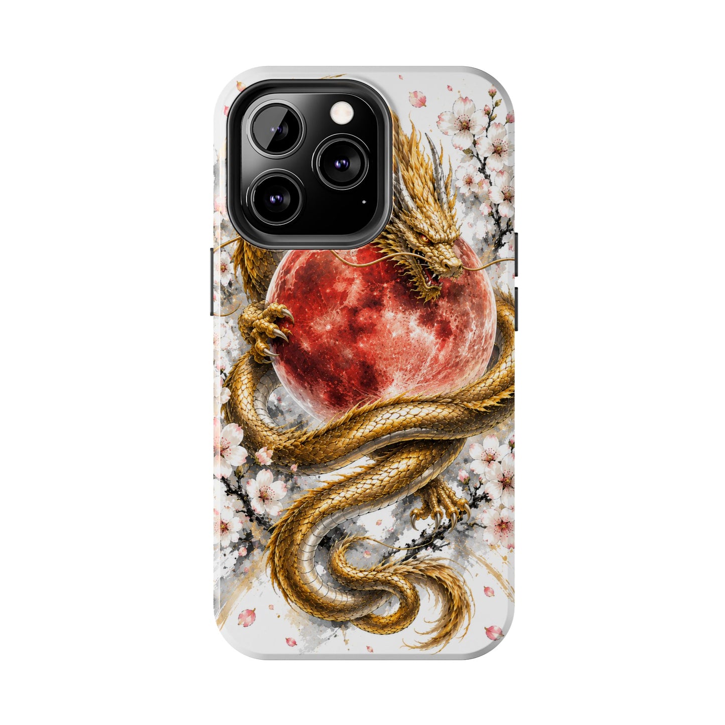 Golden Dragon Phone Case — Red Moon & Cherry Blossom Tough Phone Case