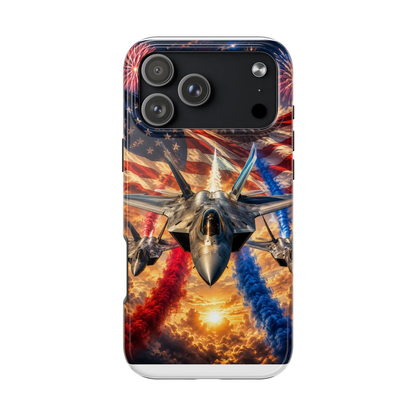 Patriotic Fighter Jet Phone Case with Eagle, American Flag & Fireworks Design