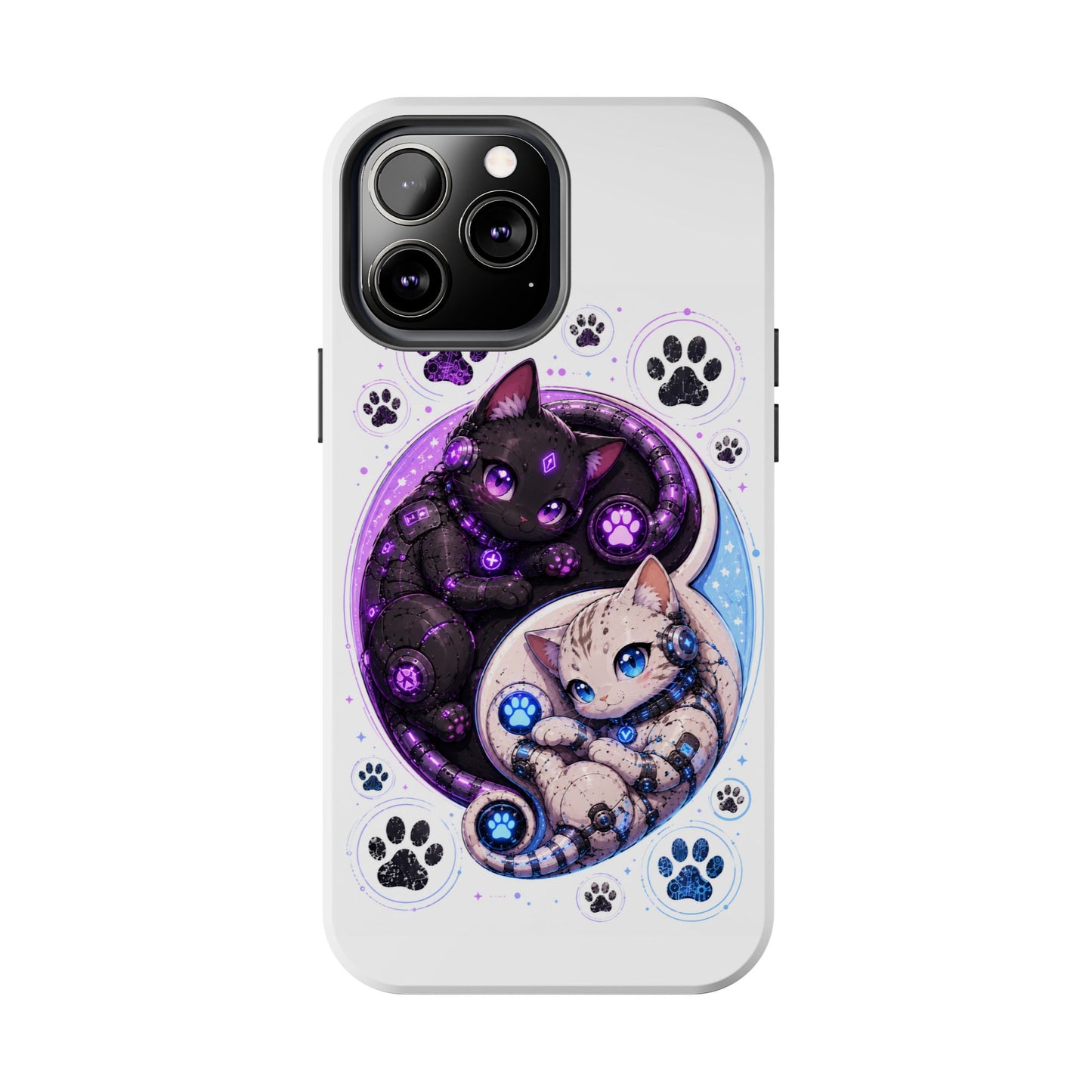Cat Yin Yang Tough Phone Case — Black & White Kittens, Paw Print Protective Cover