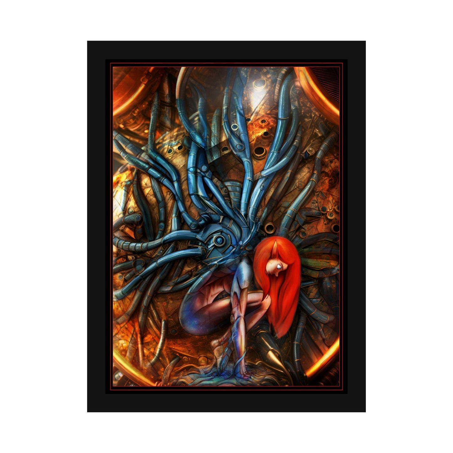 Sci‑Fi Surreal Poster — Red‑Haired Cyborg & Mechanical Kraken Matte Vertical Art