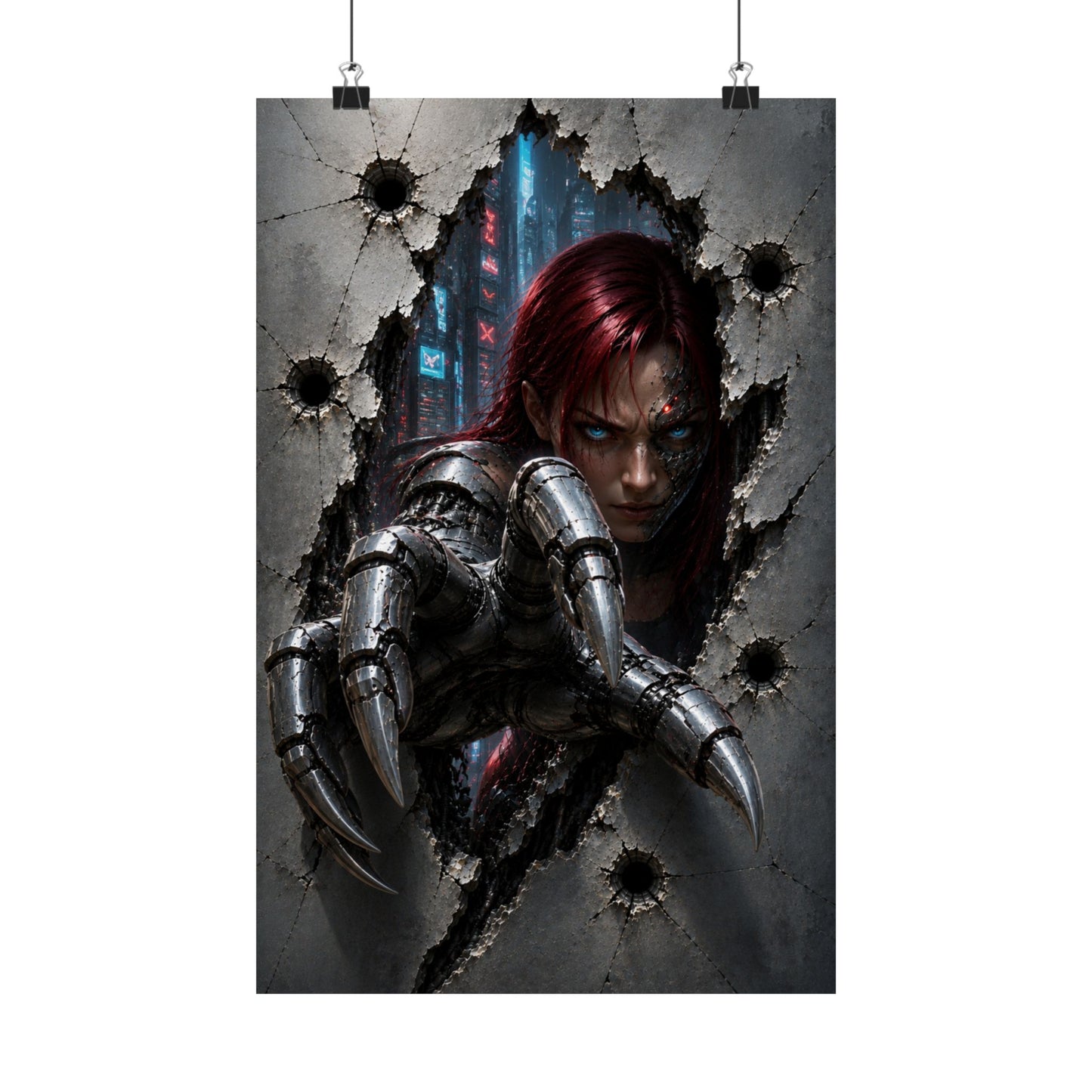 Cyberpunk Assassin Matte Poster — Red-Haired Cyborg Claw Wall Art