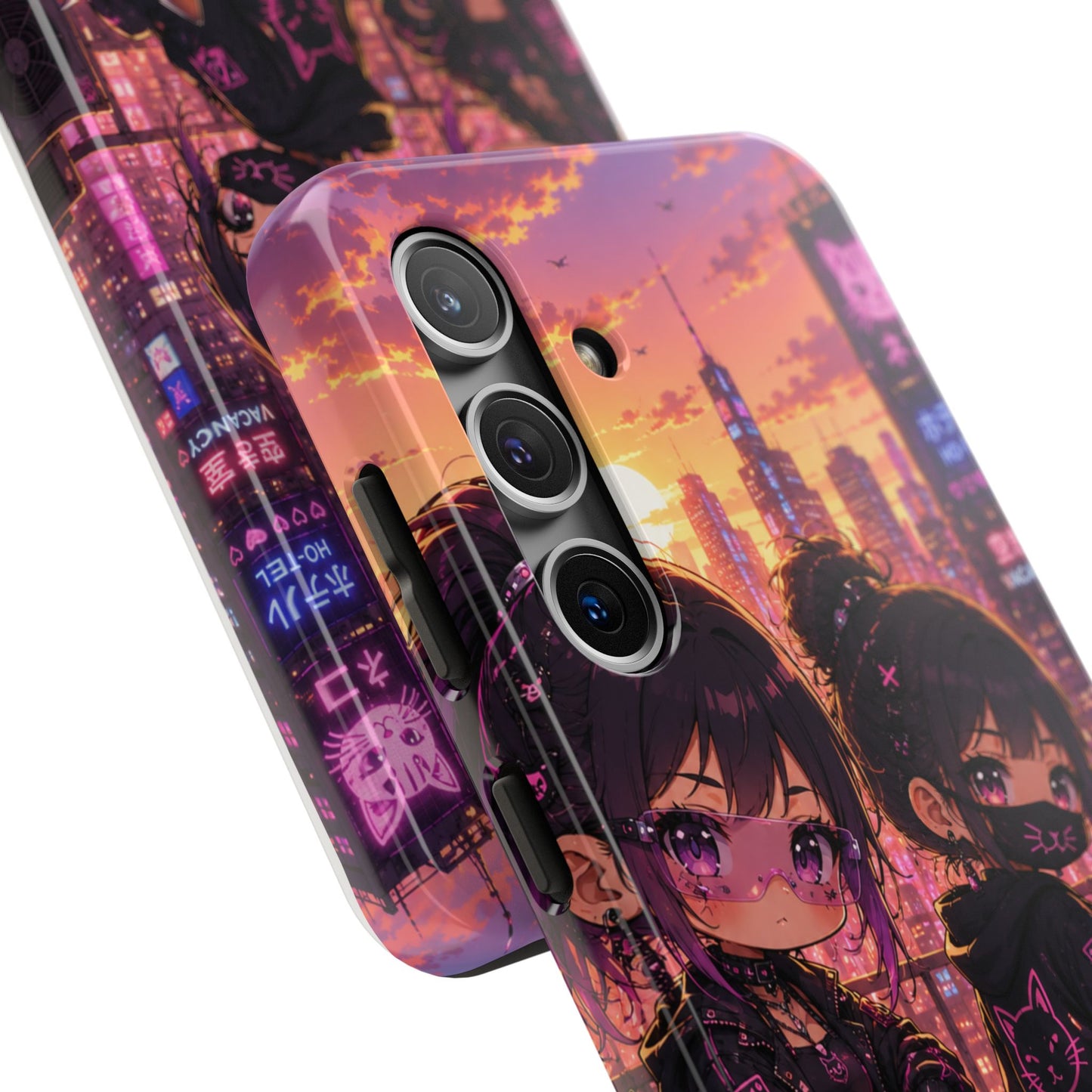 Anime City Night Tough Phone Case — Kawaii Cyberpunk Characters & Cat