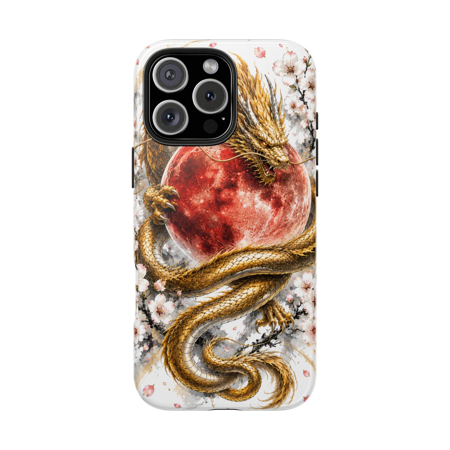 Golden Dragon Phone Case — Red Moon & Cherry Blossom Tough Phone Case
