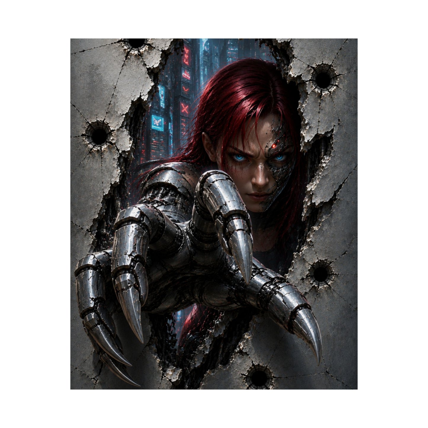 Cyberpunk Assassin Matte Poster — Red-Haired Cyborg Claw Wall Art