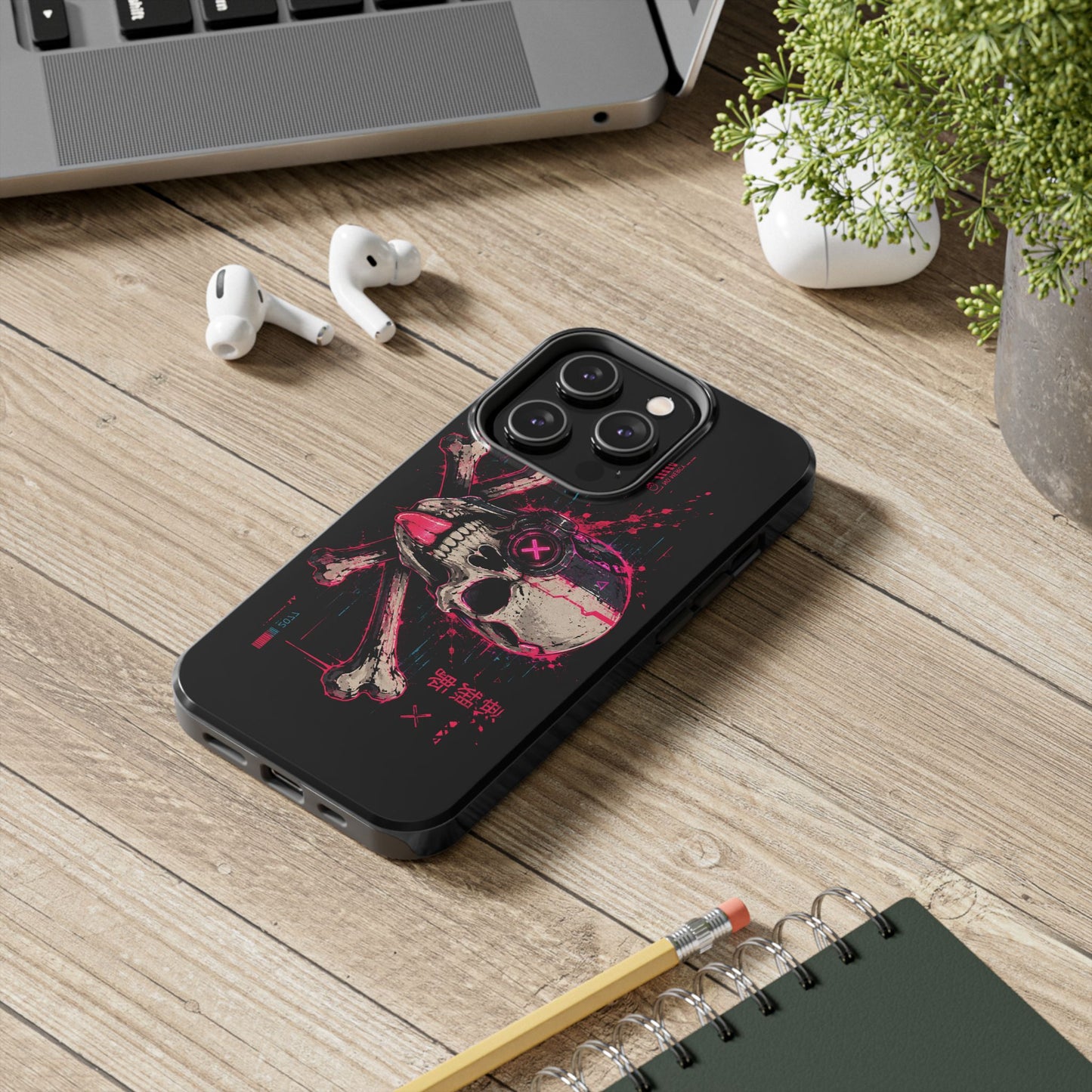 Skull & Crossbones Tough Phone Case — Neon Cyberpunk Skull Design