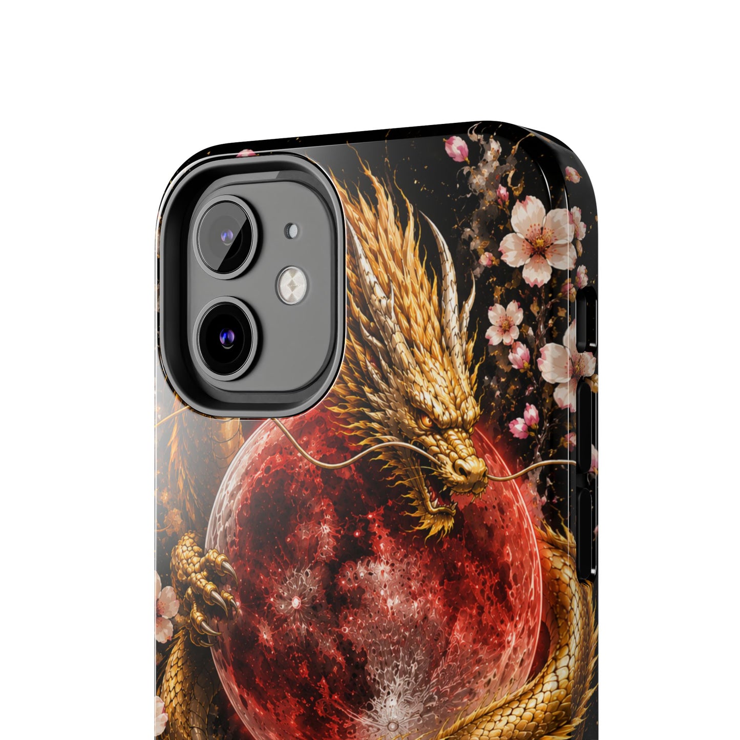Golden Dragon Moon Tough Phone Case — Cherry Blossoms & Red Moon Protective Cover