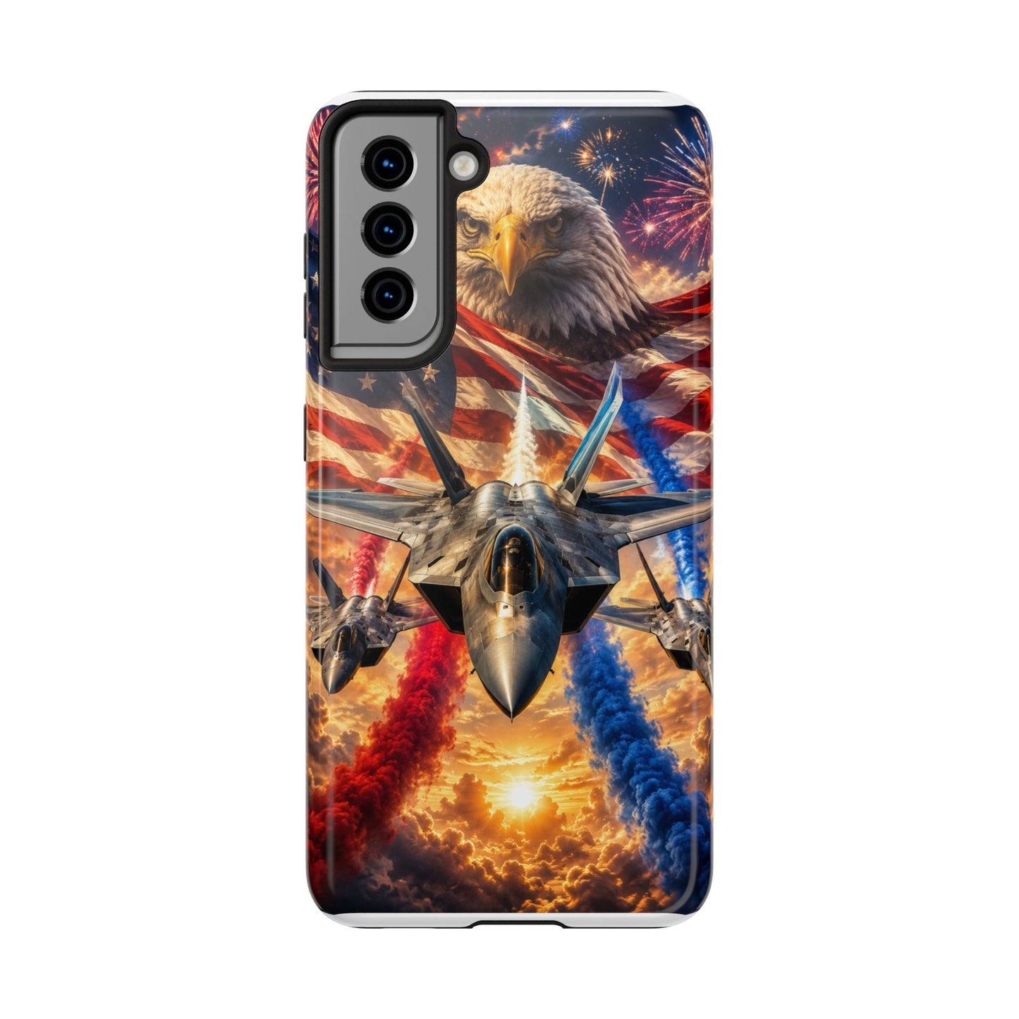 Patriotic Fighter Jet Phone Case with Eagle, American Flag & Fireworks Design