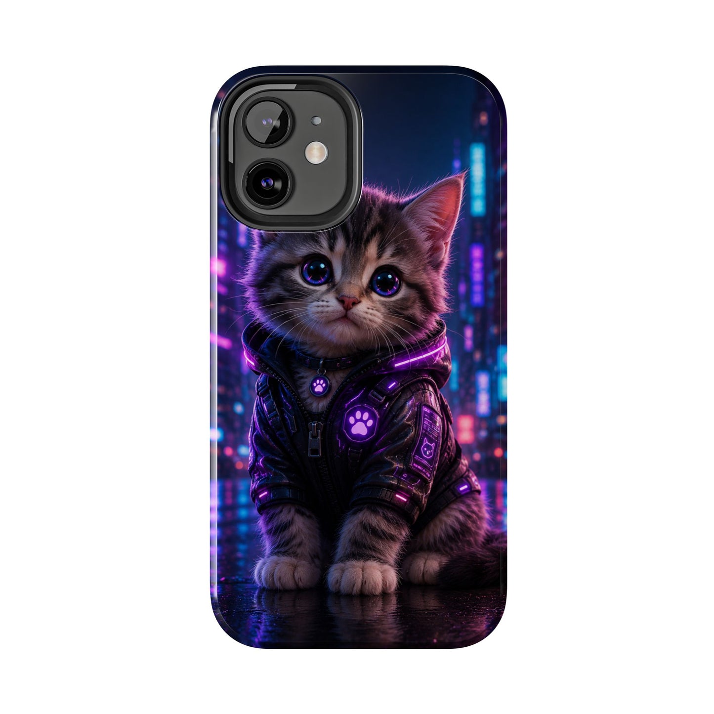 Cyberpunk Kitten Tough Phone Case — Neon Cat Protective Phone Cover