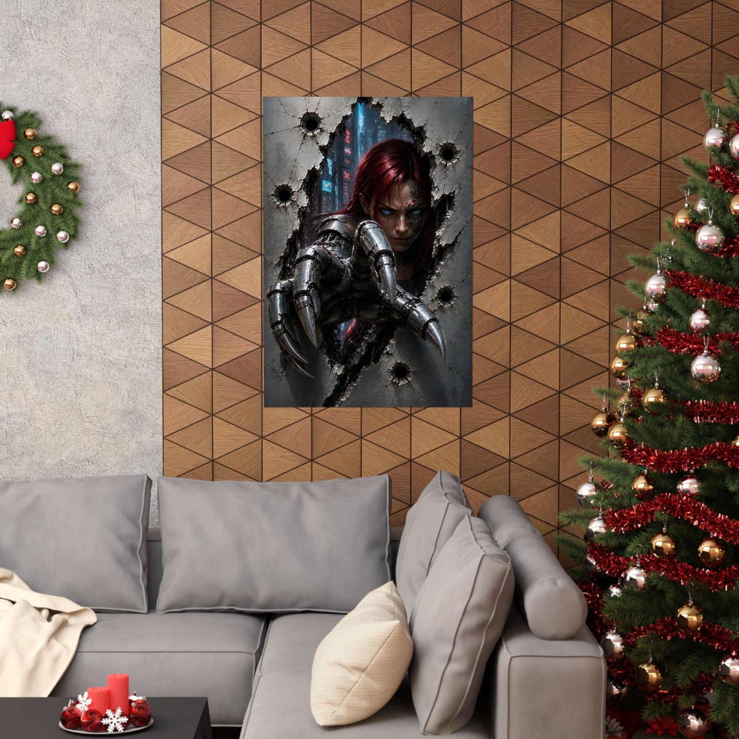 Cyberpunk Assassin Matte Poster — Red-Haired Cyborg Claw Wall Art