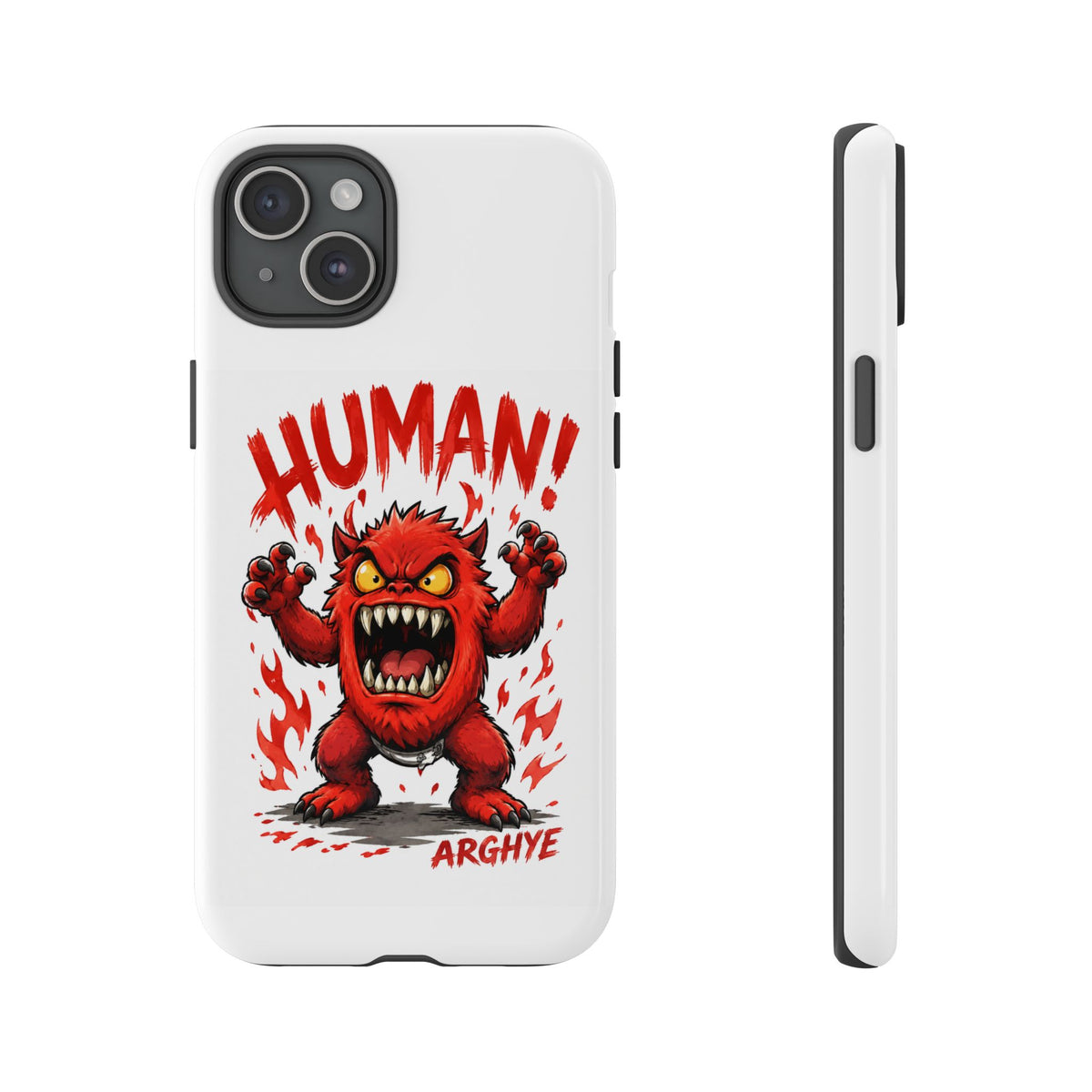 Angry Monster "HUMAN!" Phone Case — Cute Fiery Creature iPhone Cover
