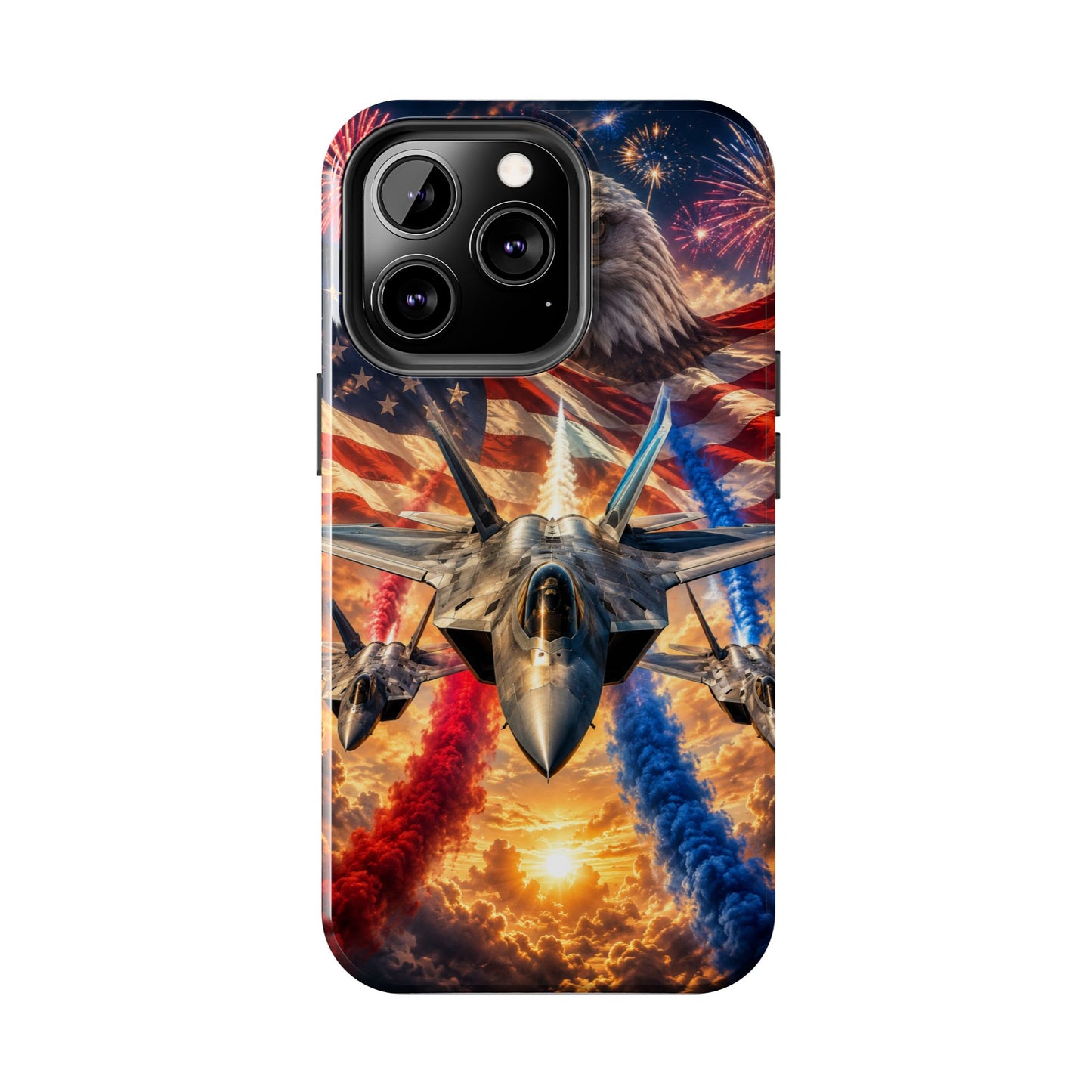 Patriotic Fighter Jet Phone Case with Eagle, American Flag & Fireworks Design