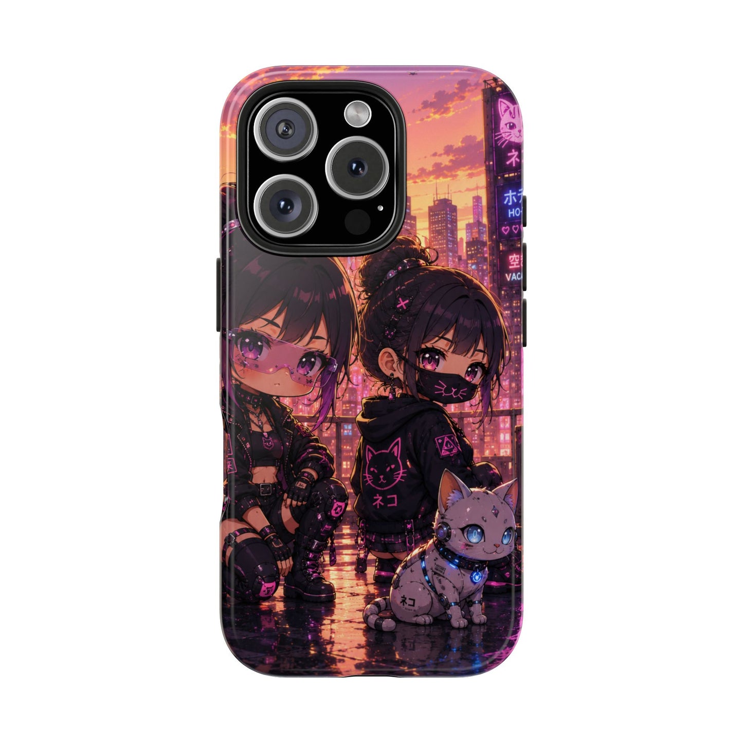 Anime City Night Tough Phone Case — Kawaii Cyberpunk Characters & Cat