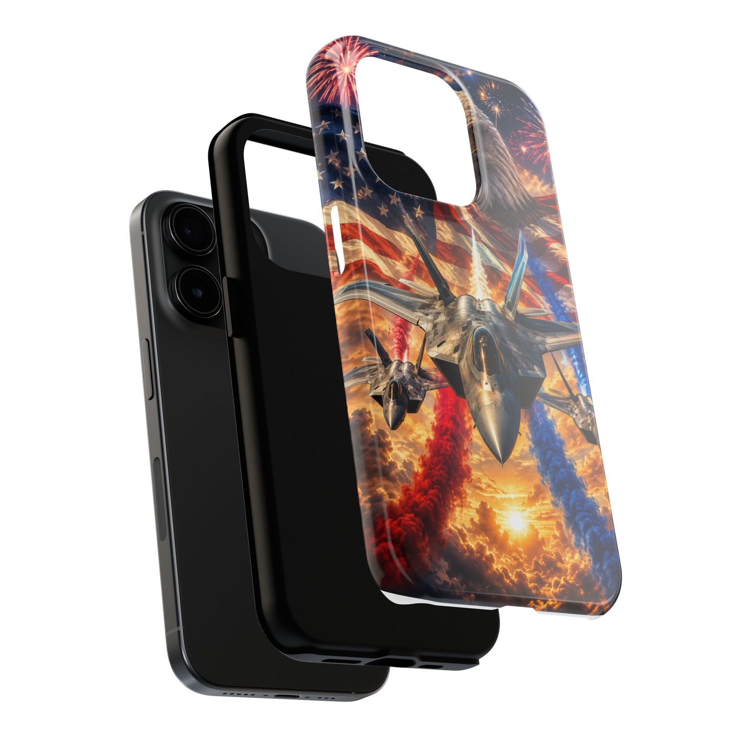 Patriotic Fighter Jet Phone Case with Eagle, American Flag & Fireworks Design