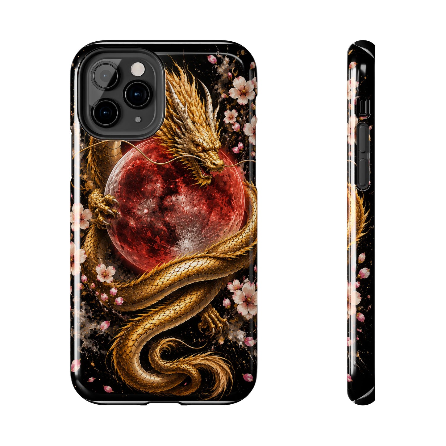 Golden Dragon Moon Tough Phone Case — Cherry Blossoms & Red Moon Protective Cover