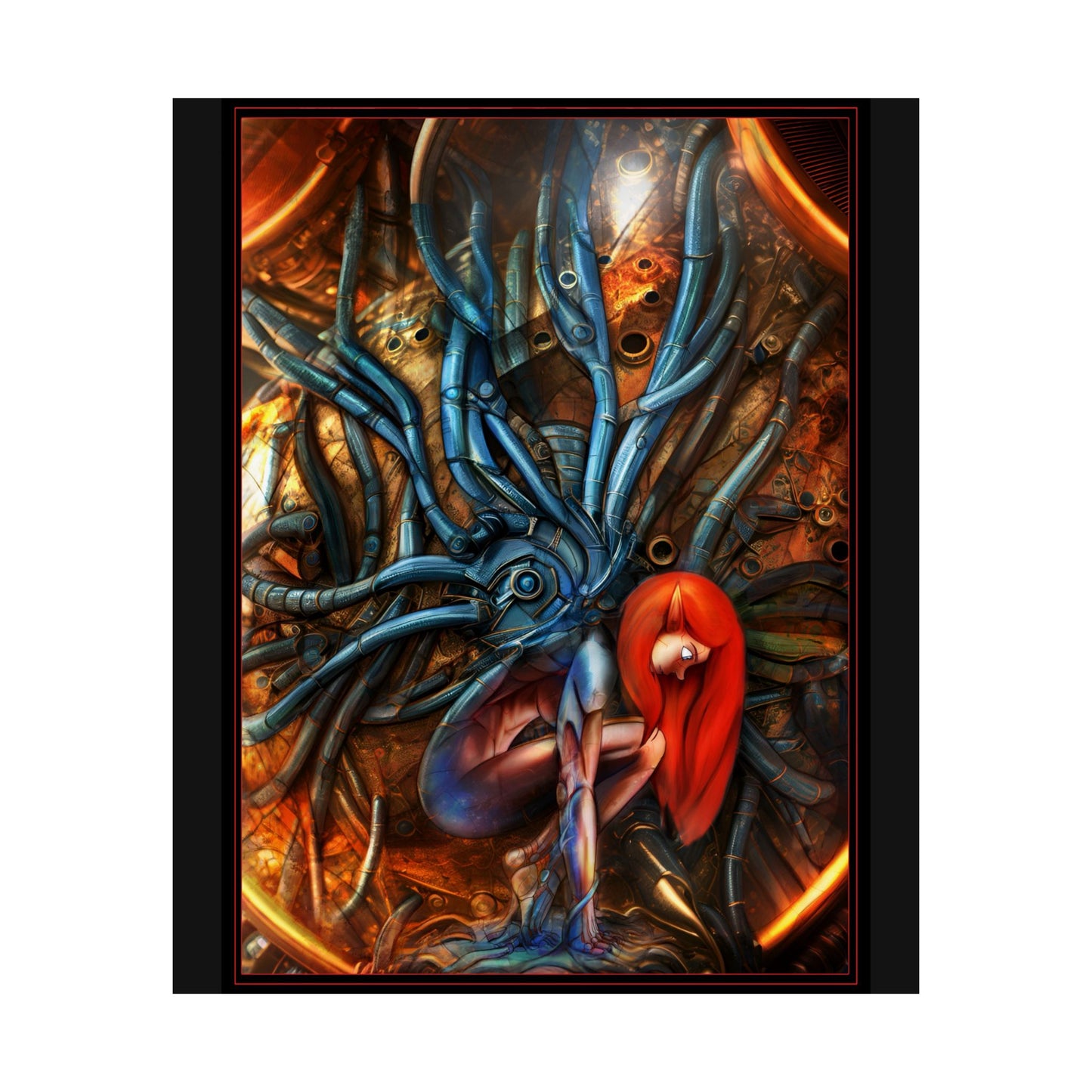 Sci‑Fi Surreal Poster — Red‑Haired Cyborg & Mechanical Kraken Matte Vertical Art