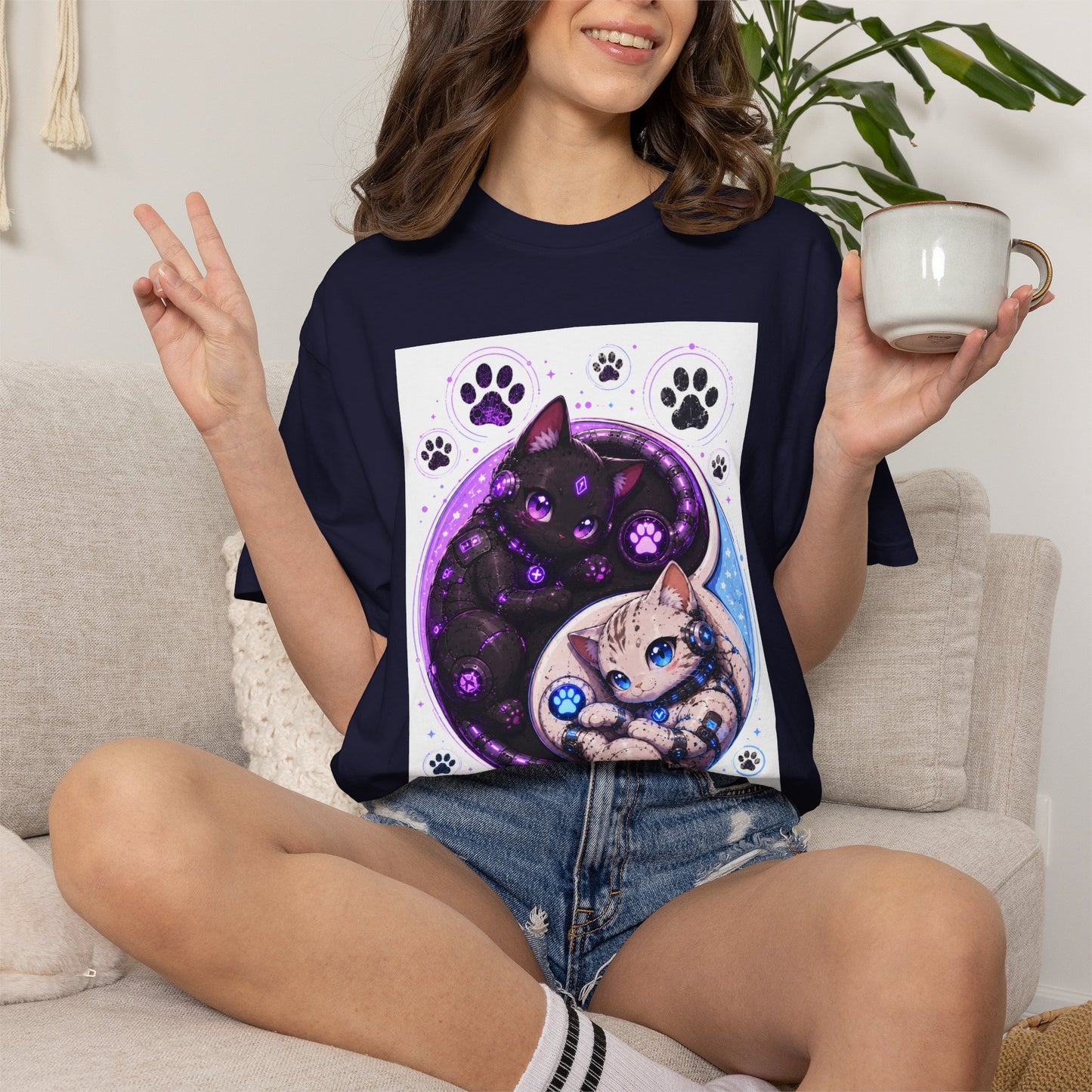 Yin Yang Cat T-Shirt — Cosmic Black & White Kittens Paw Print Tee