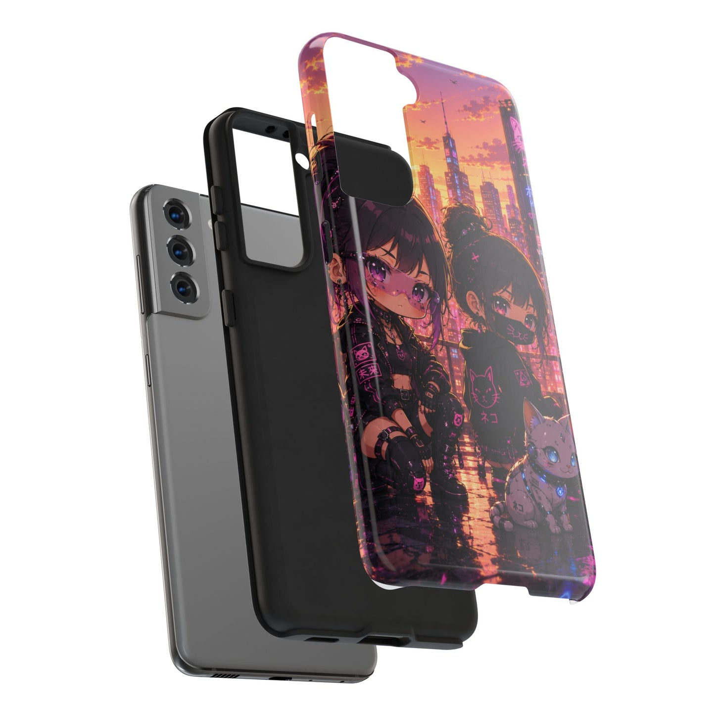 Anime City Night Tough Phone Case — Kawaii Cyberpunk Characters & Cat