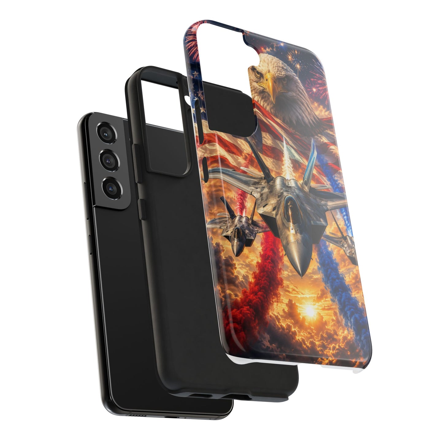 Patriotic Fighter Jet Phone Case with Eagle, American Flag & Fireworks Design
