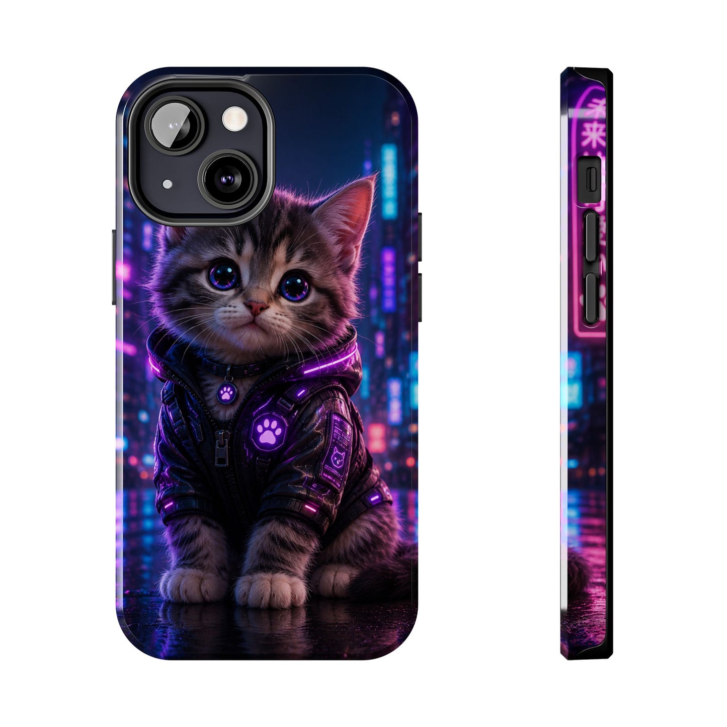 Cyberpunk Kitten Tough Phone Case — Neon Cat Protective Phone Cover