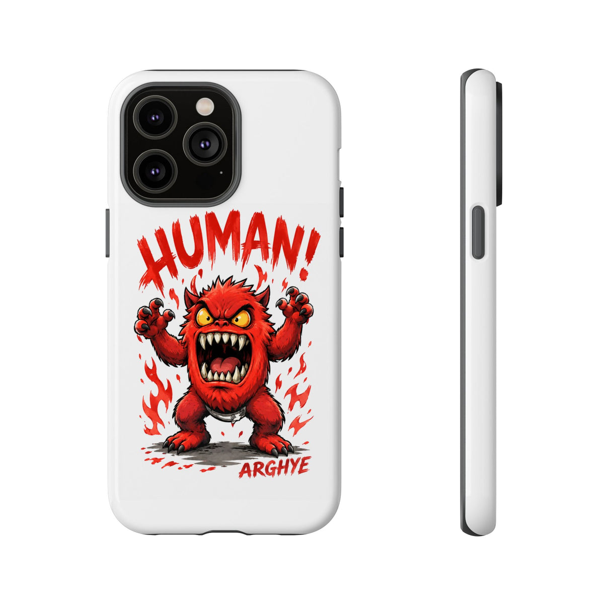 Angry Monster "HUMAN!" Phone Case — Cute Fiery Creature iPhone Cover
