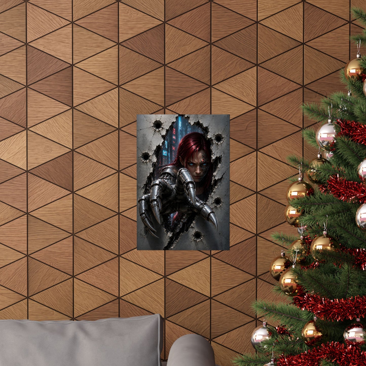 Cyberpunk Assassin Matte Poster — Red-Haired Cyborg Claw Wall Art