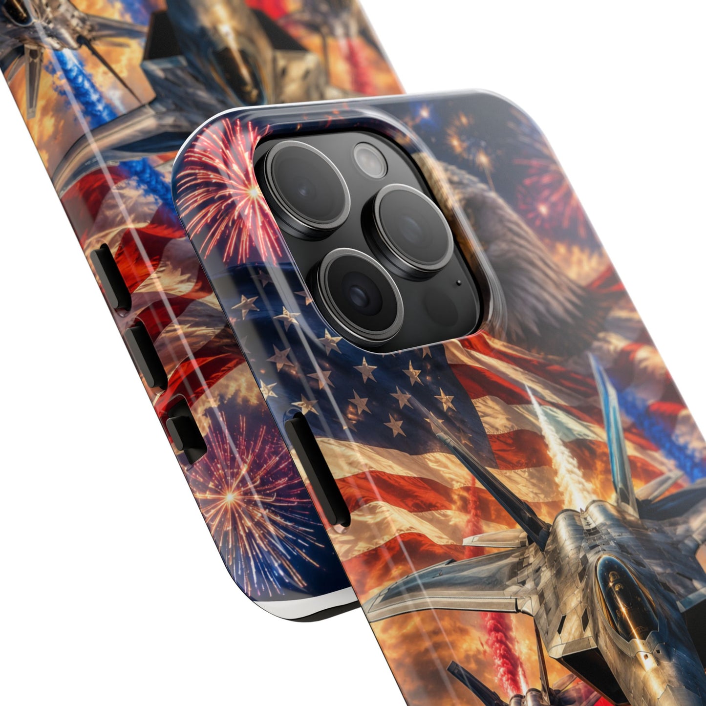Patriotic Fighter Jet Phone Case with Eagle, American Flag & Fireworks Design