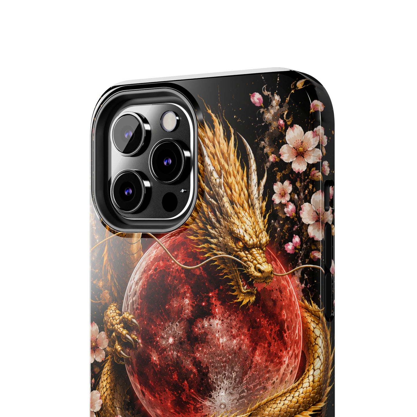 Golden Dragon Moon Tough Phone Case — Cherry Blossoms & Red Moon Protective Cover