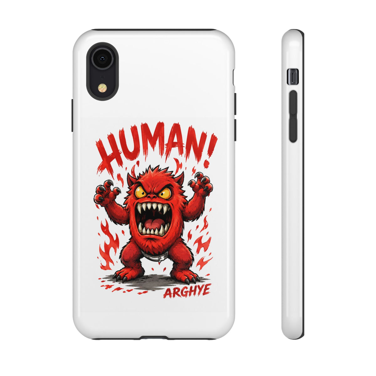 Angry Monster "HUMAN!" Phone Case — Cute Fiery Creature iPhone Cover