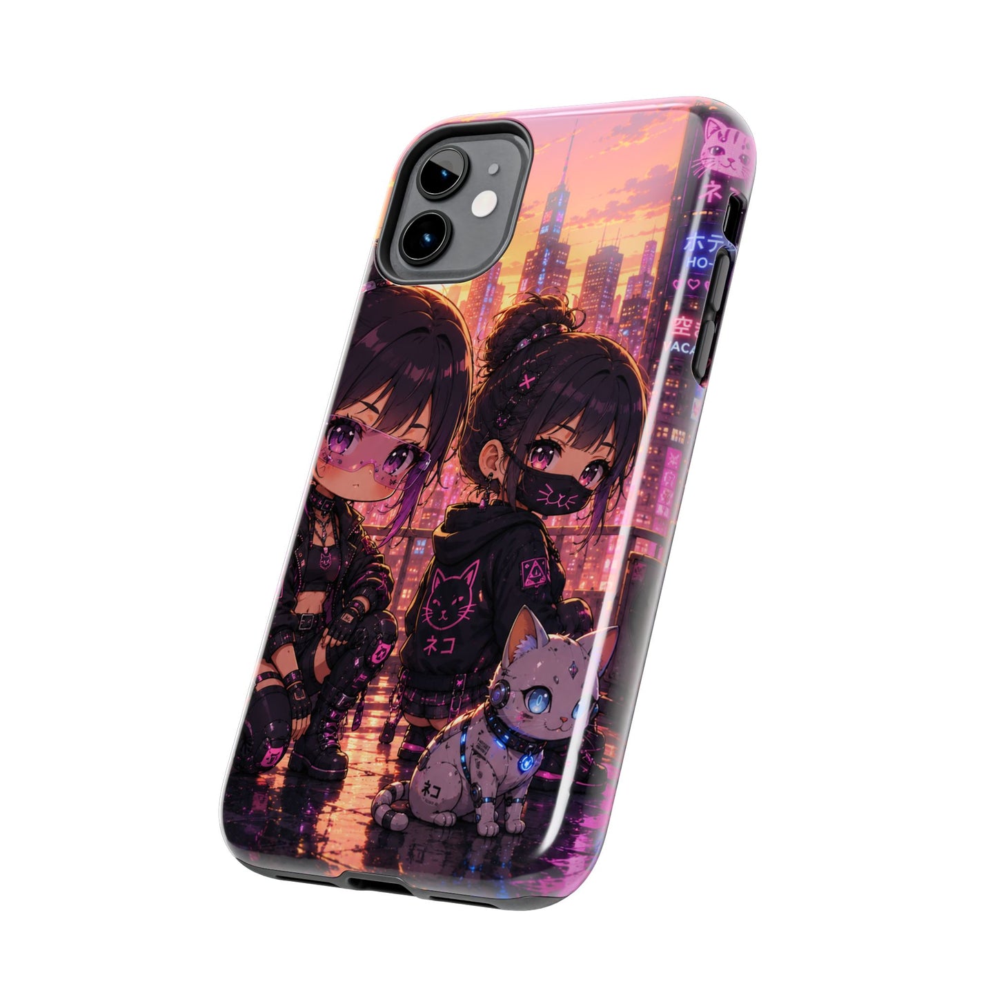 Anime City Night Tough Phone Case — Kawaii Cyberpunk Characters & Cat