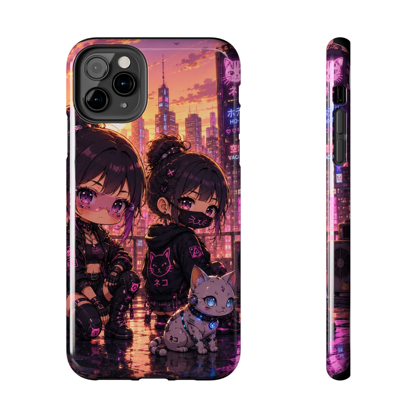 Anime City Night Tough Phone Case — Kawaii Cyberpunk Characters & Cat
