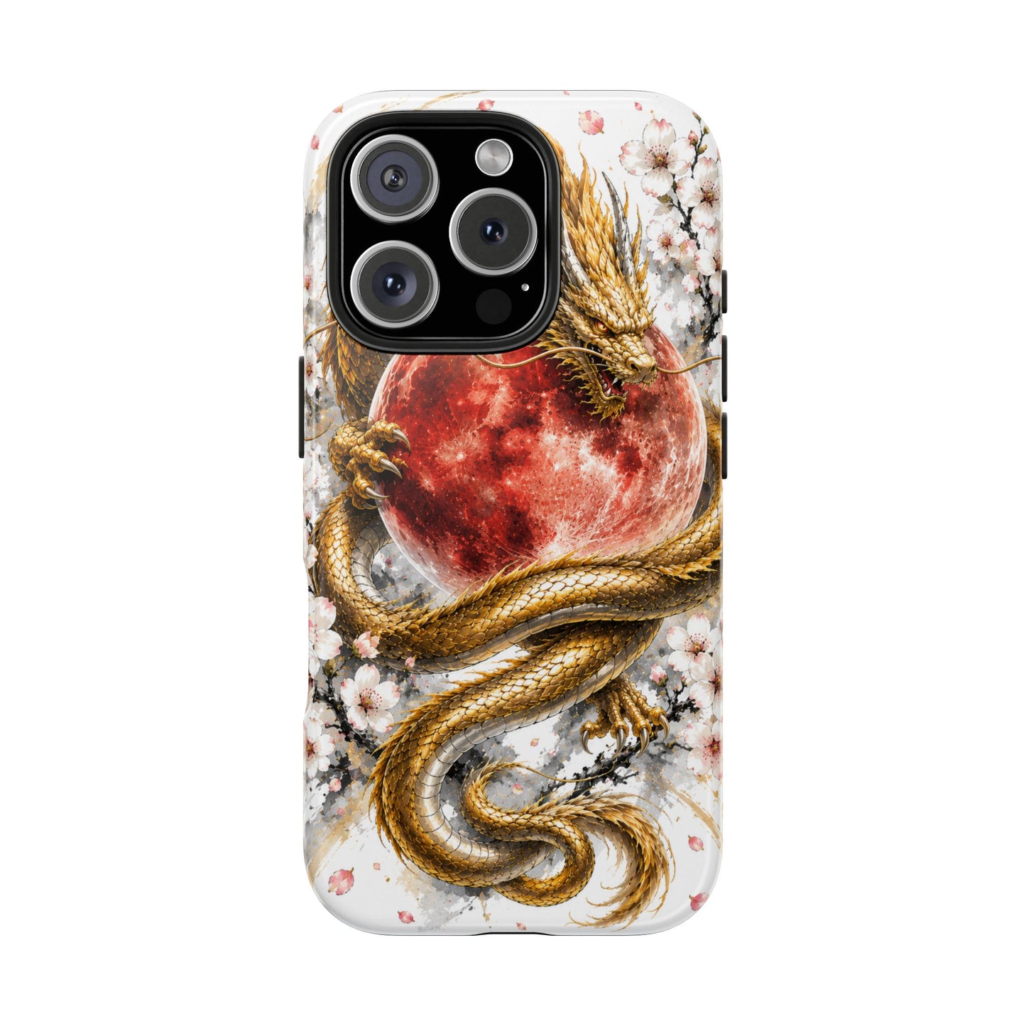 Golden Dragon Phone Case — Red Moon & Cherry Blossom Tough Phone Case