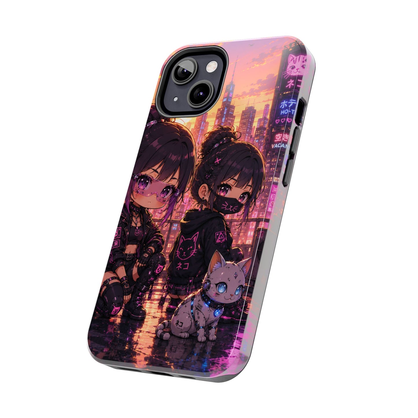 Anime City Night Tough Phone Case — Kawaii Cyberpunk Characters & Cat
