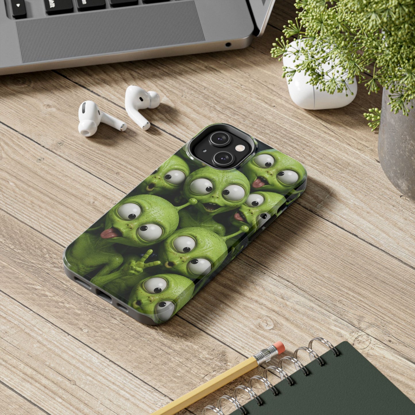 Alien Selfie Tough Phone Case — Cute Green Cartoon Aliens Protective Cover