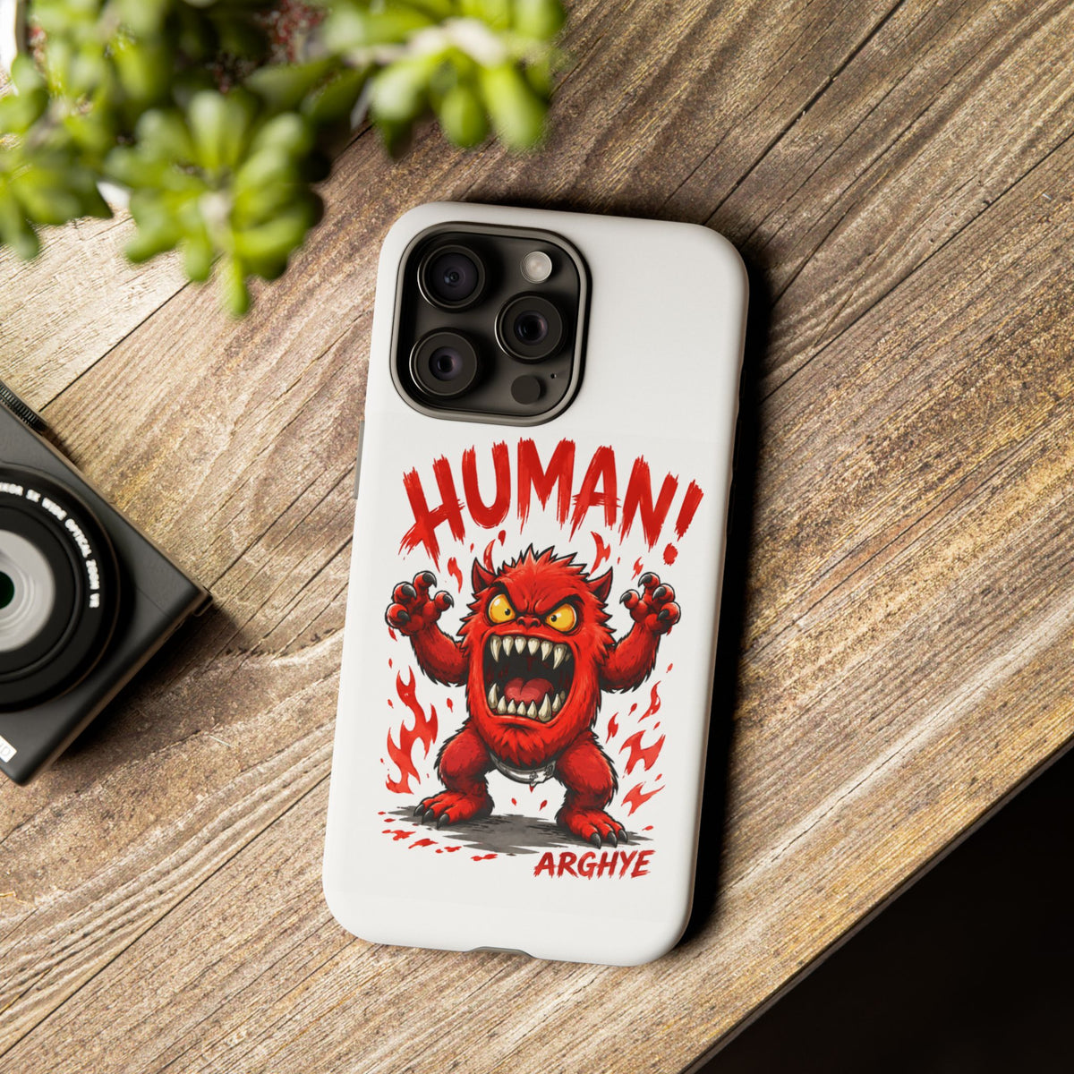 Angry Monster "HUMAN!" Phone Case — Cute Fiery Creature iPhone Cover