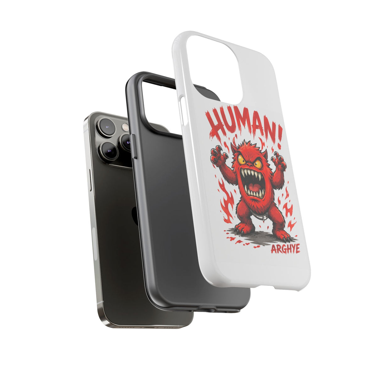 Angry Monster "HUMAN!" Phone Case — Cute Fiery Creature iPhone Cover