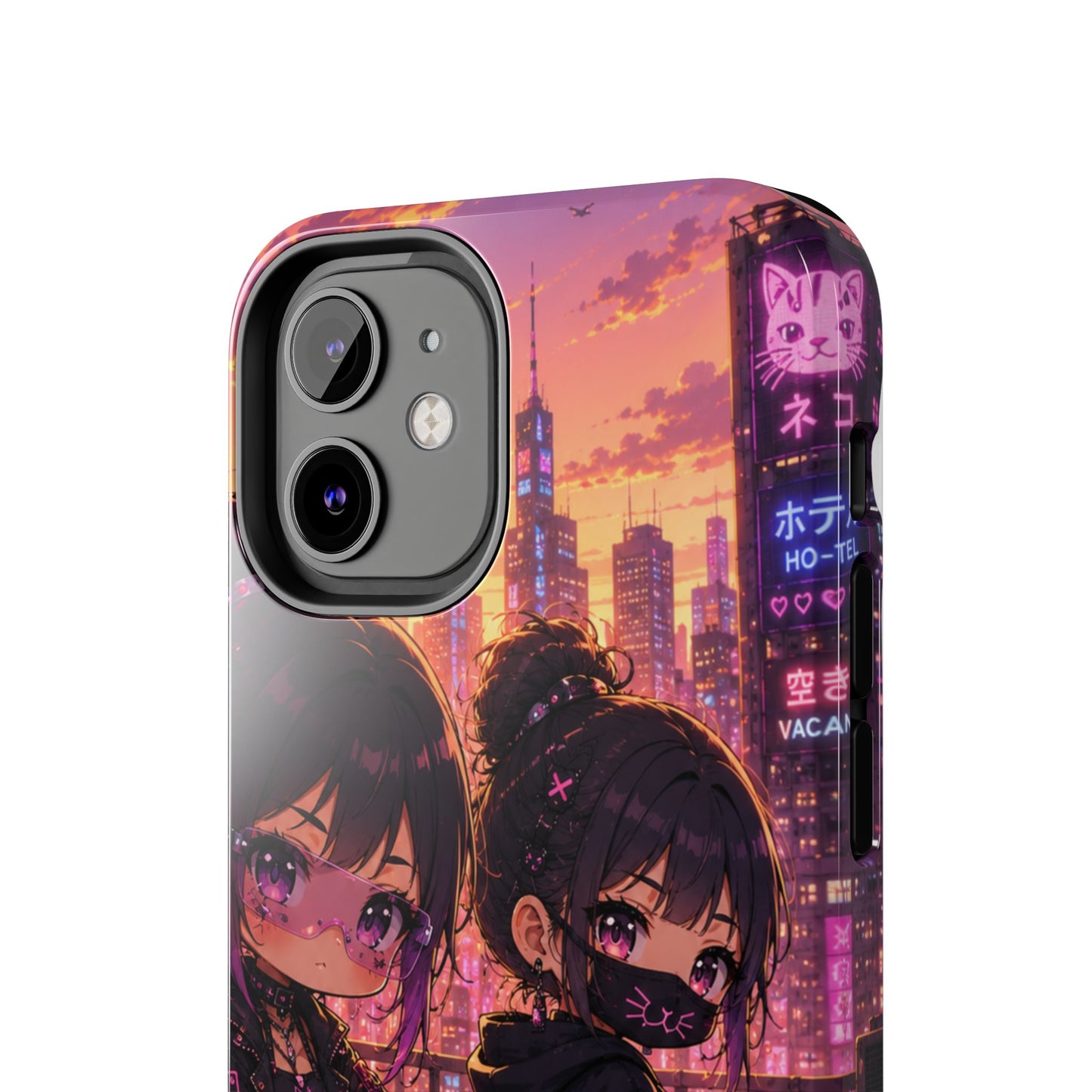 Anime City Night Tough Phone Case — Kawaii Cyberpunk Characters & Cat