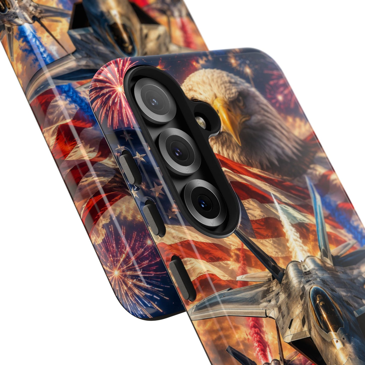 Patriotic Fighter Jet Phone Case with Eagle, American Flag & Fireworks Design