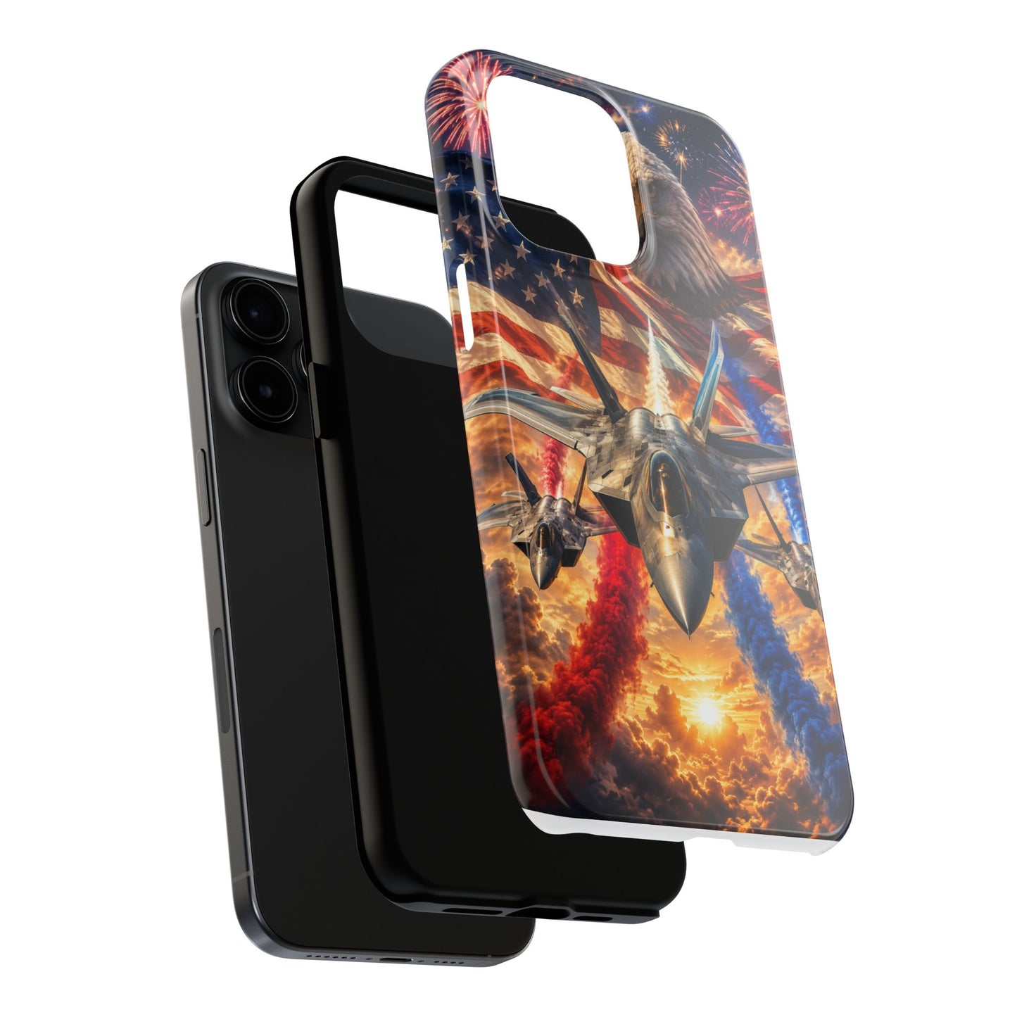 Patriotic Fighter Jet Phone Case with Eagle, American Flag & Fireworks Design