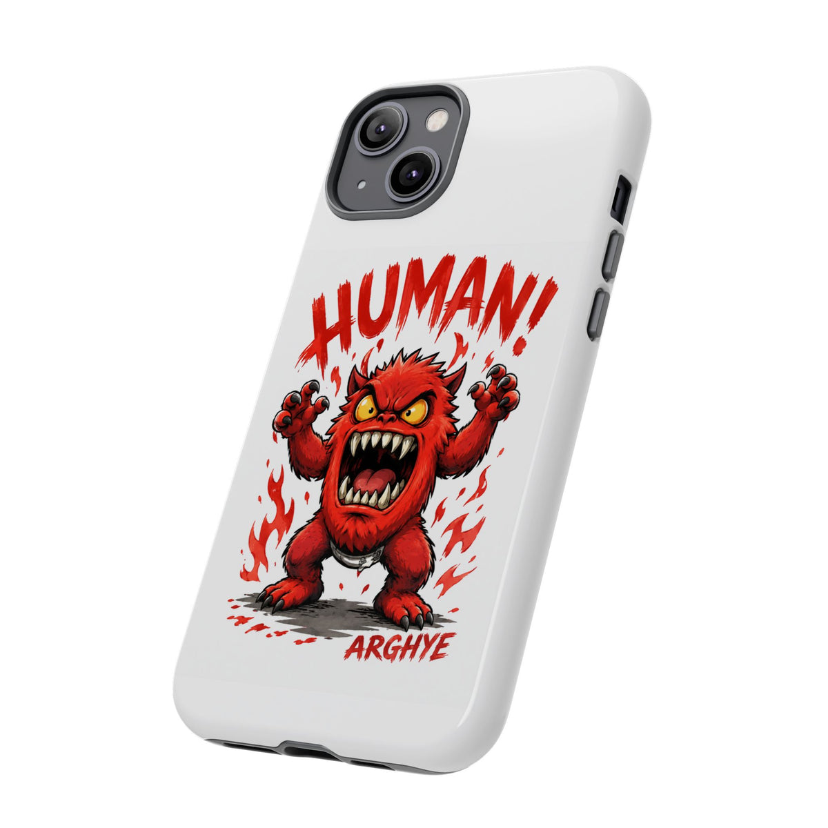 Angry Monster "HUMAN!" Phone Case — Cute Fiery Creature iPhone Cover