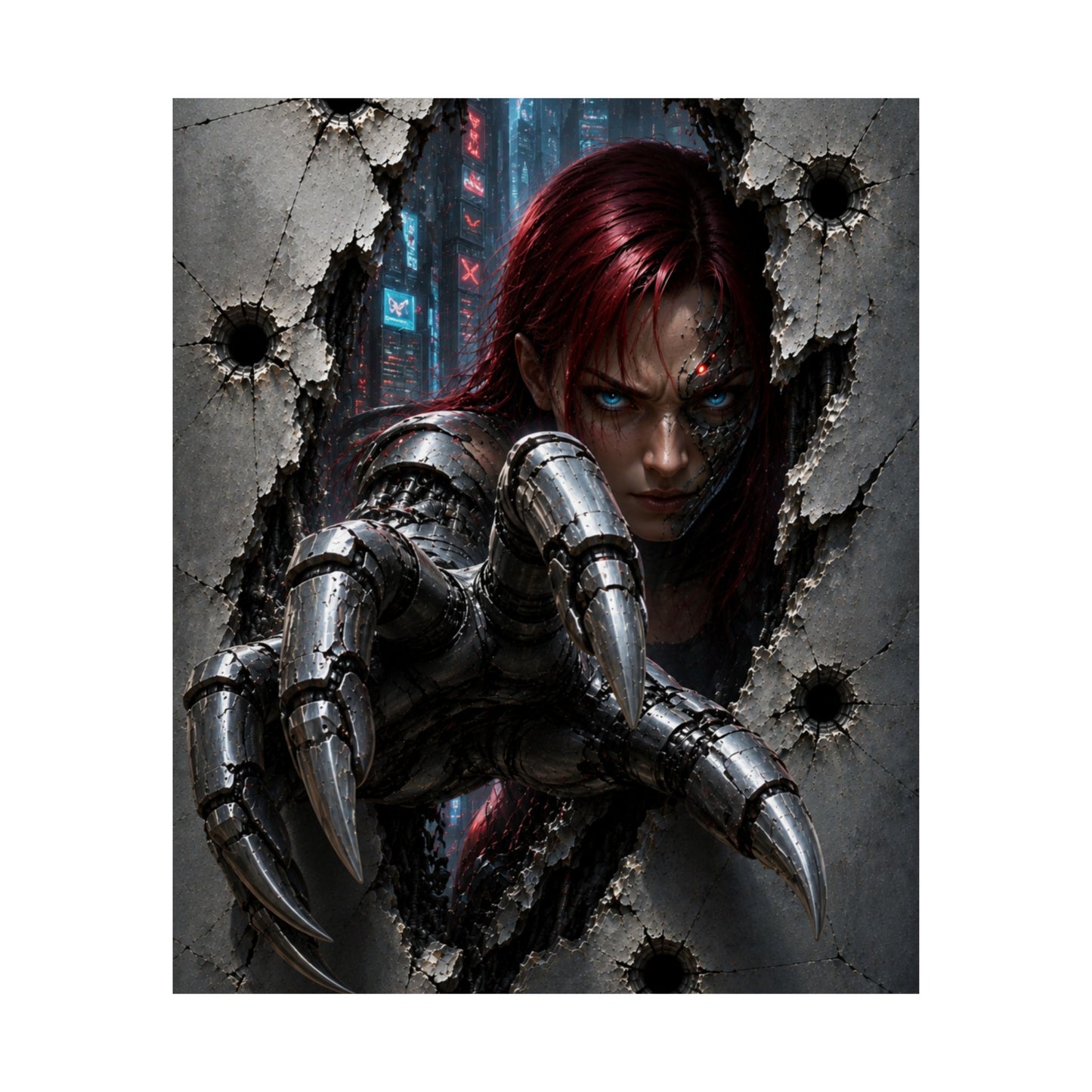 Cyberpunk Assassin Matte Poster — Red-Haired Cyborg Claw Wall Art