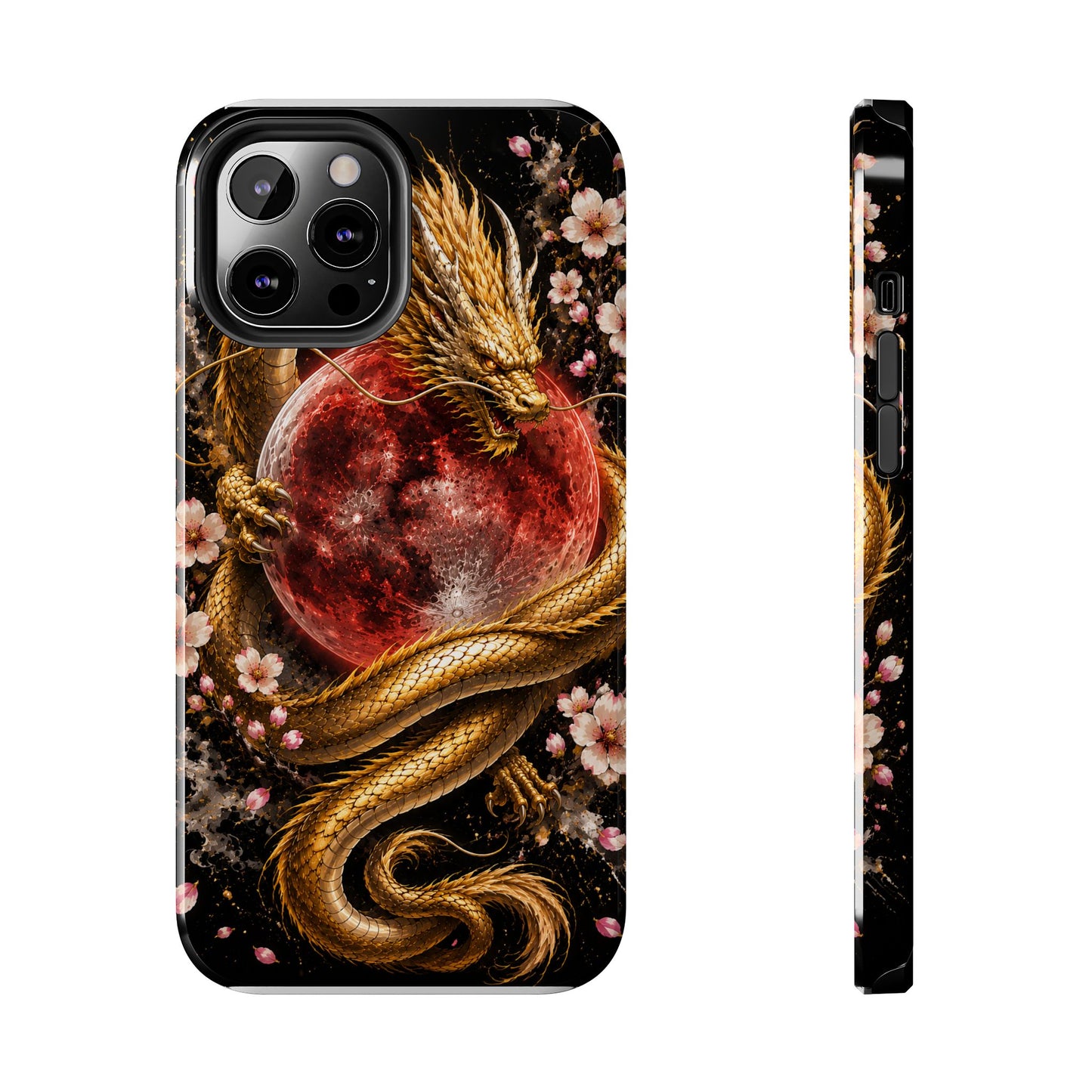 Golden Dragon Moon Tough Phone Case — Cherry Blossoms & Red Moon Protective Cover
