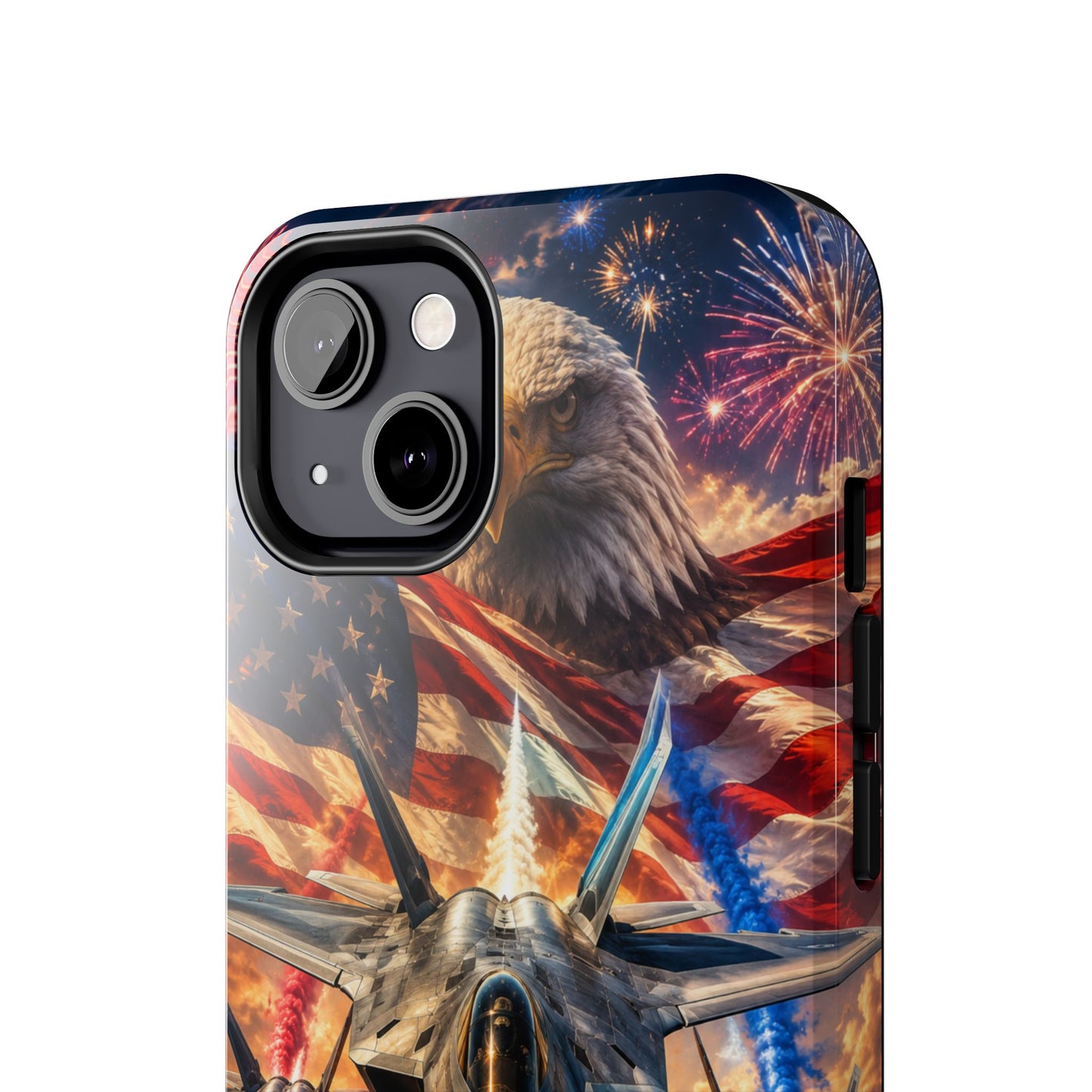 Patriotic Fighter Jet Phone Case with Eagle, American Flag & Fireworks Design
