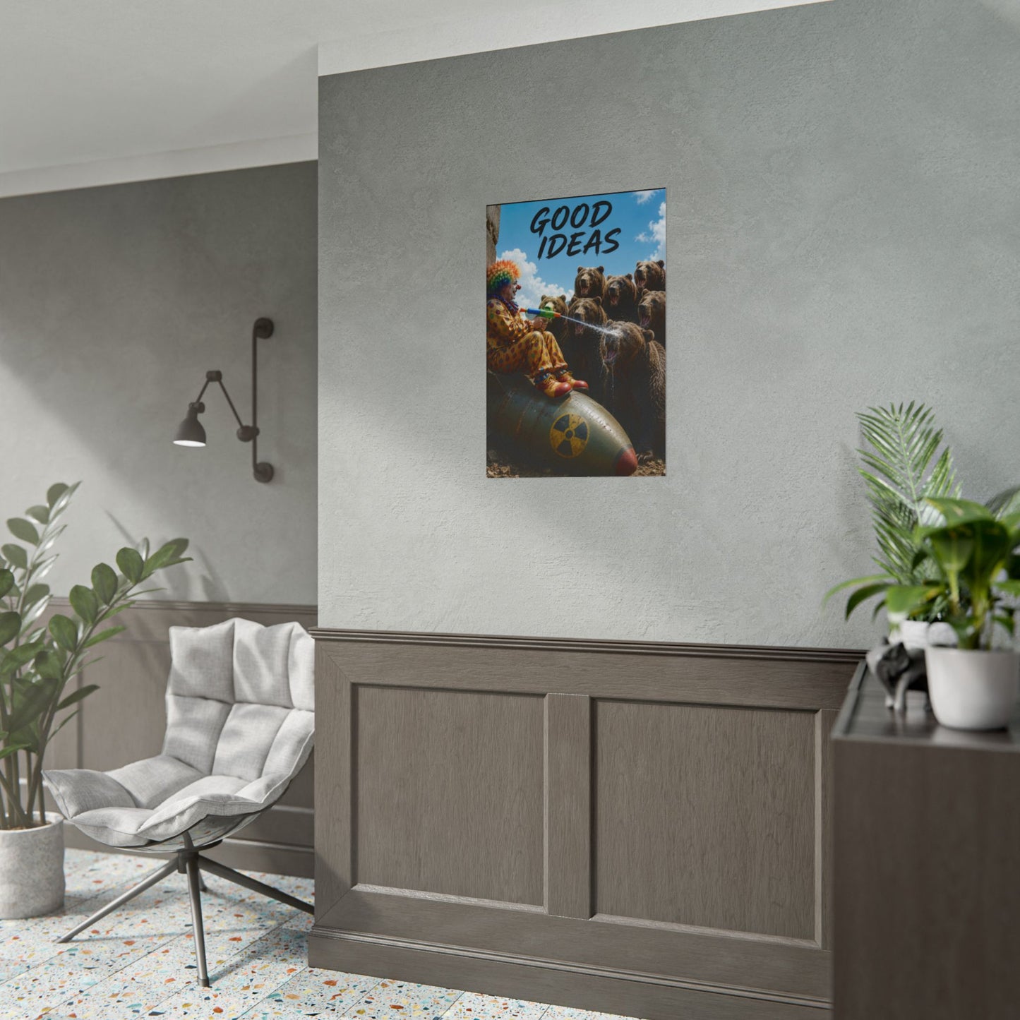 Rolled Poster - 'Good Ideas' Clown on Bomb with Bears Surreal Art Print