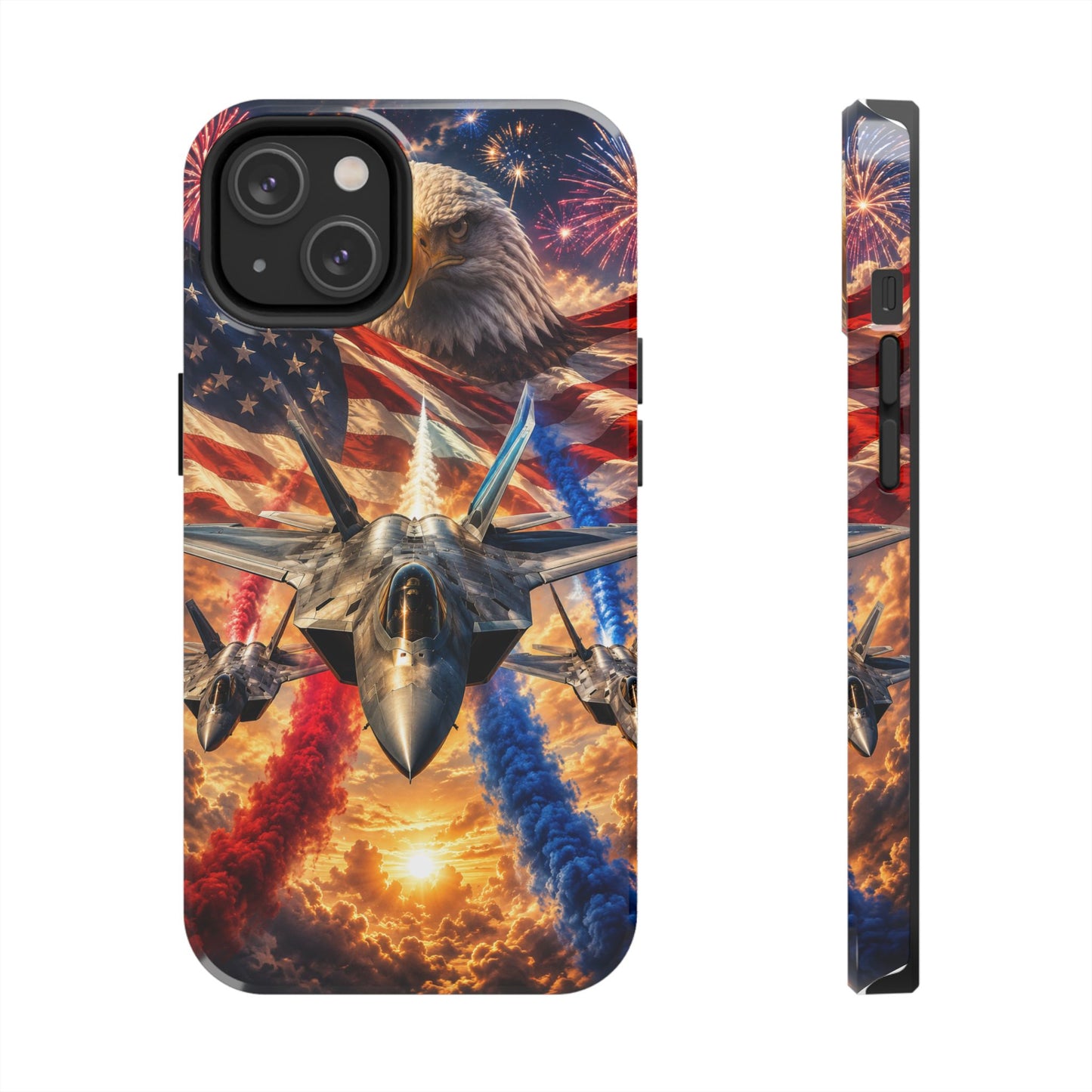 Patriotic Fighter Jet Phone Case with Eagle, American Flag & Fireworks Design