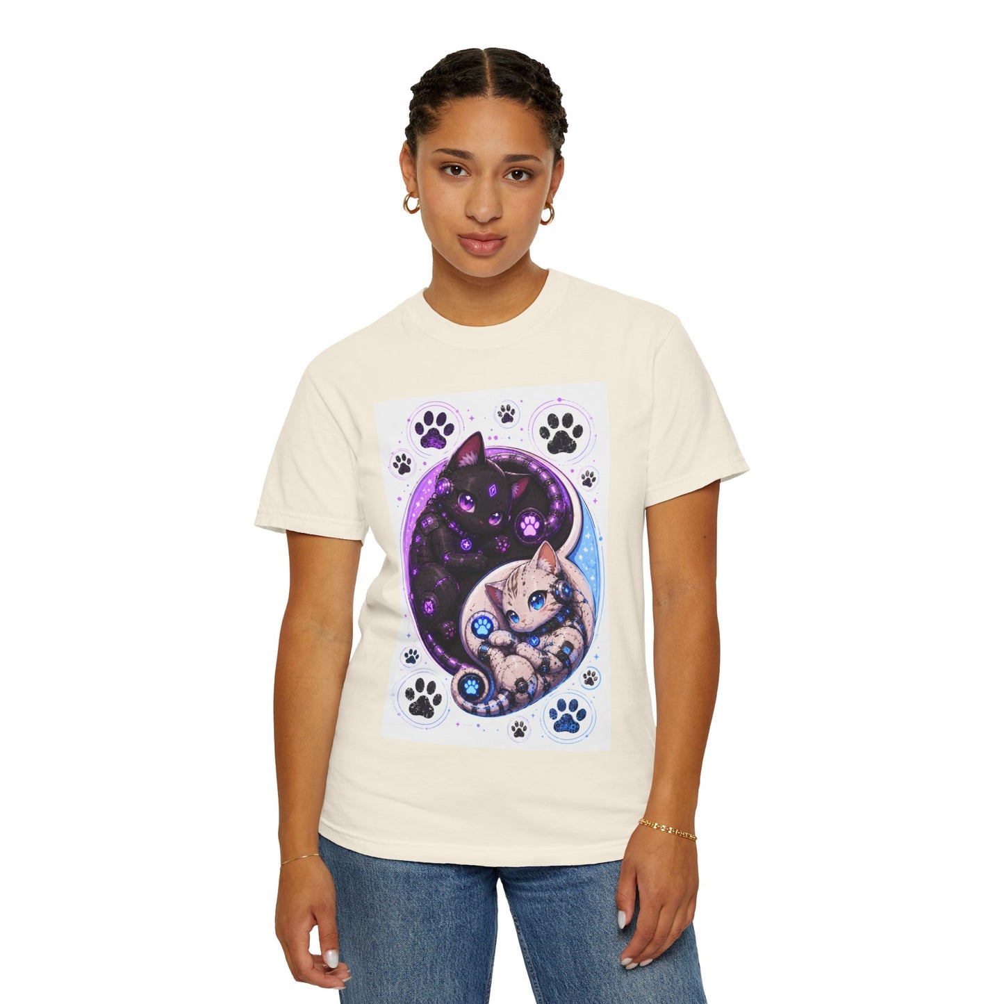 Yin Yang Cat T-Shirt — Cosmic Black & White Kittens Paw Print Tee
