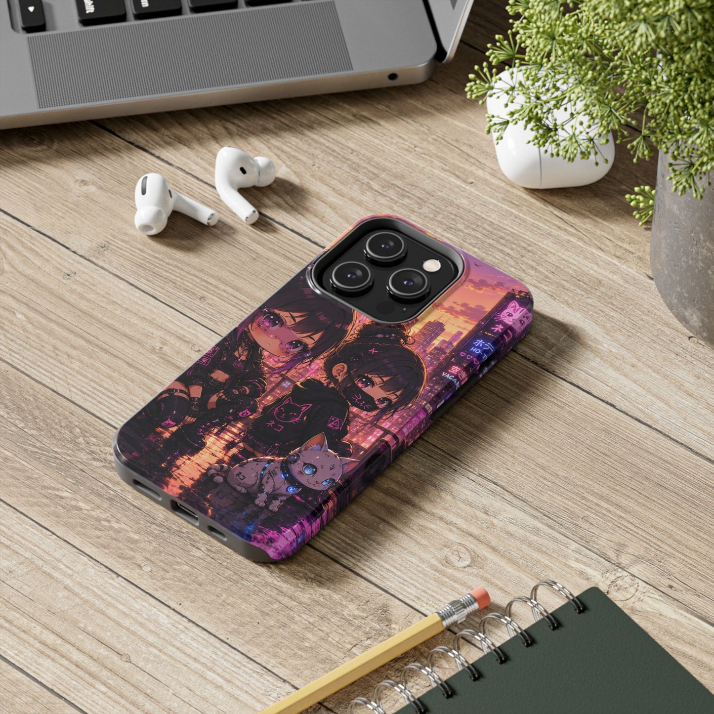 Anime City Night Tough Phone Case — Kawaii Cyberpunk Characters & Cat